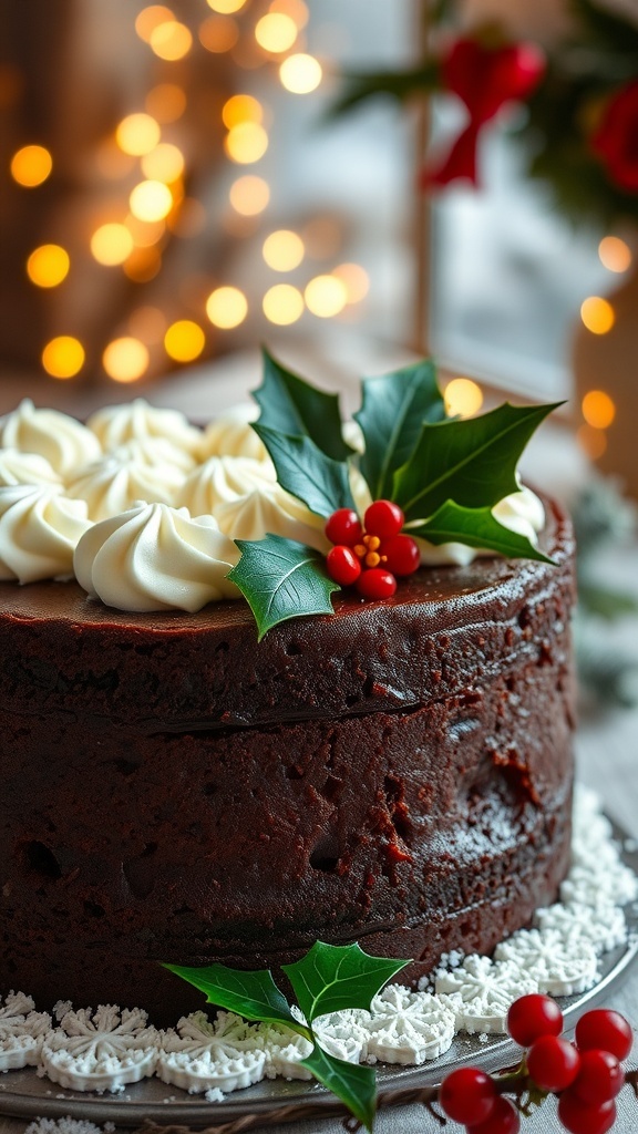 A traditional Christmas cake with marzipan and fondant icing, decorated with holly, on a festive table.